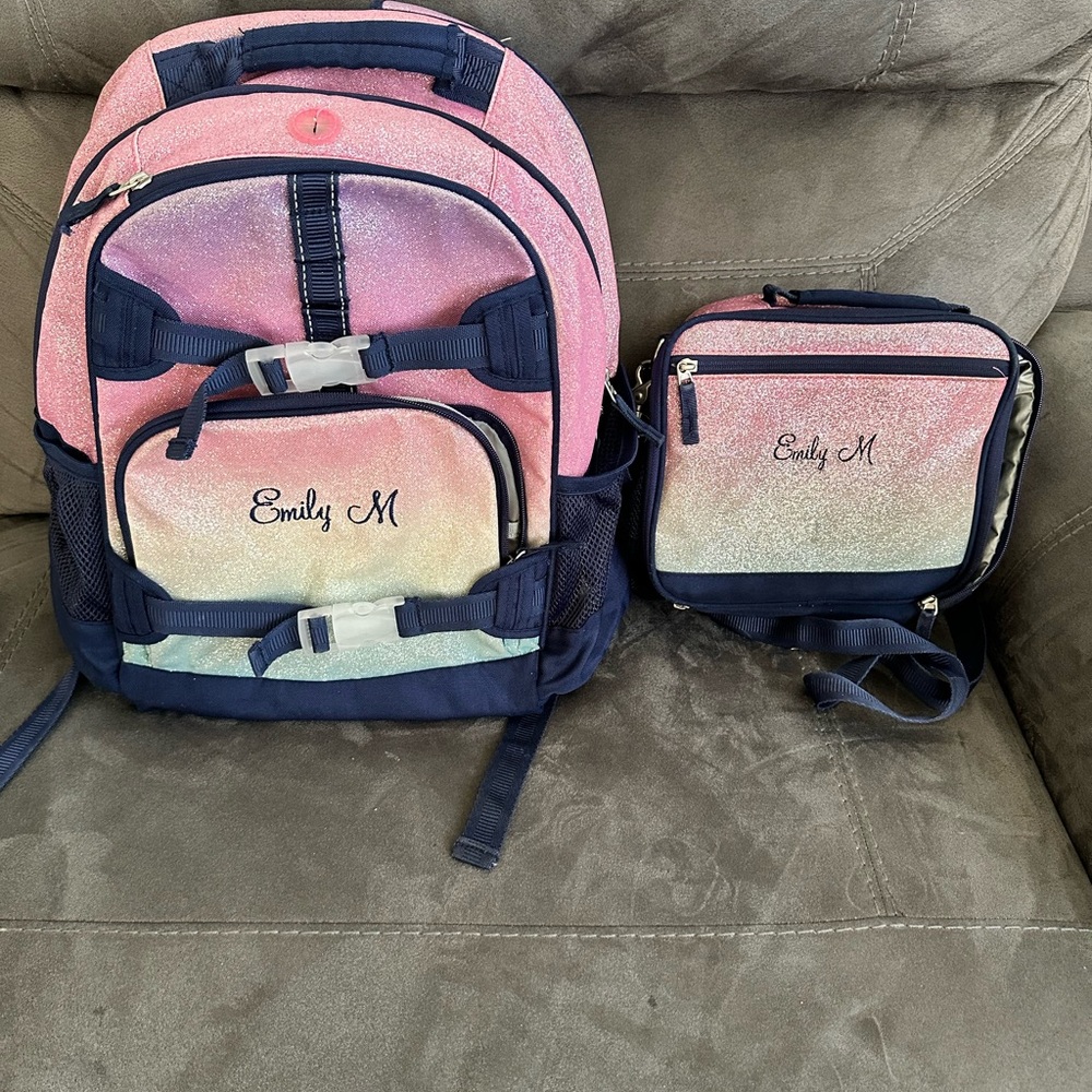 Mackenzie Rainbow Ombre Sparkle Glitter Large Backpack and Lunch Box (cold pack)